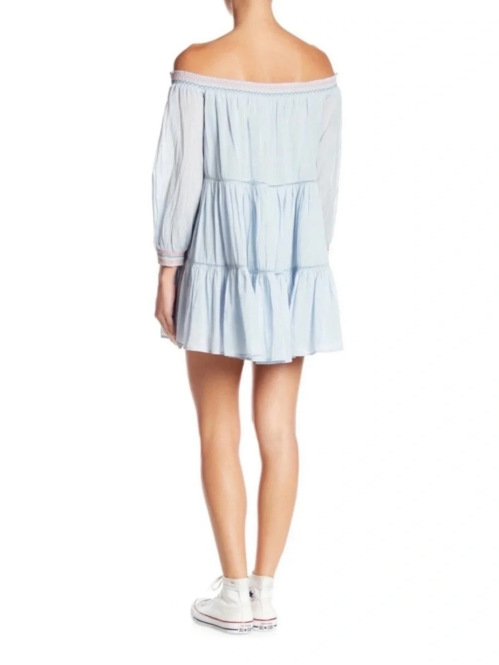 Free people sunbeam dress with off the shoulder smocked neckline & embroidered S
